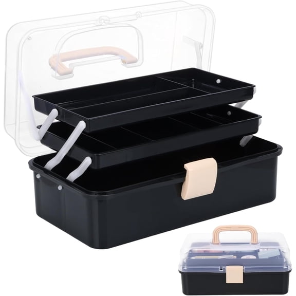 Craft Organizers, Tackle Box 3-Layer Portable Folding Toolbox, Plastic Tool with Handle for Sewing Supplies, Medicine, Art Nails and Hair Accessories 12.5inch Black