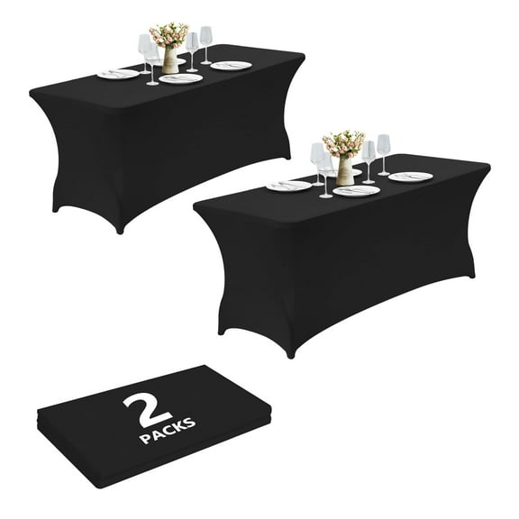 Craft And Party 2 Pack 4ft Black Spandex Tablecloth – Fitted Table Cloths – Stretch Tablecloth Universal Fit for Folding Tables – Wrinkle-Free, Washable – Ideal for Parties, Weddings, Events