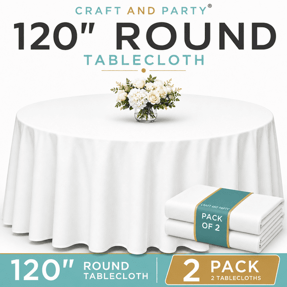 Craft And Party 2pcs Round Tablecloth, Premium Polyester Tablecloth, 120 Inch White Reusable Washable Fabric Table Cover for Wedding, Party, Banquet and Event
