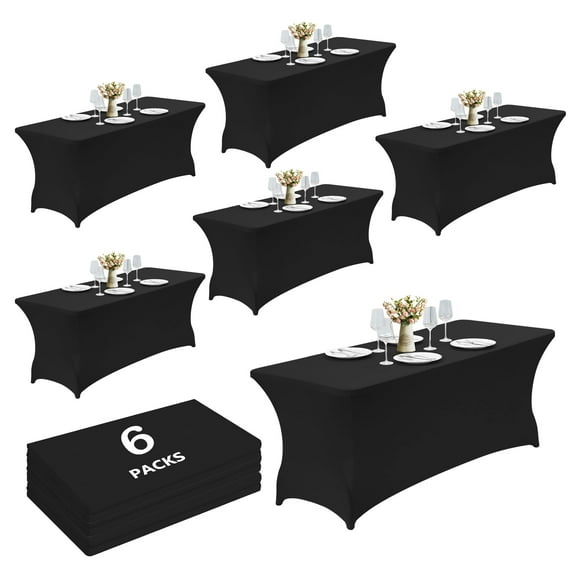 Craft And Party 6 Pack 6ft Black Spandex Tablecloth – Fitted Table Cloths – Stretch Tablecloth Universal Fit for Folding Tables – Wrinkle-Free, Washable – Ideal for Parties, Weddings, Events