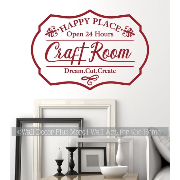 Craft Room Happy Place Dream Cut Create Tailor Seamstress Quote Decals for Wall - Die-Cut Vinyl Sticker Wall Art for Craft Room Decor - Inspirational Vinyl Decals, 34x23-Inch, Red