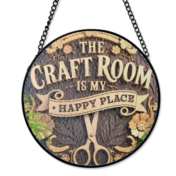 Craft Room Happy Place Stained Glass Suncatcher UV Printed Glass Creative Studio Sign Round