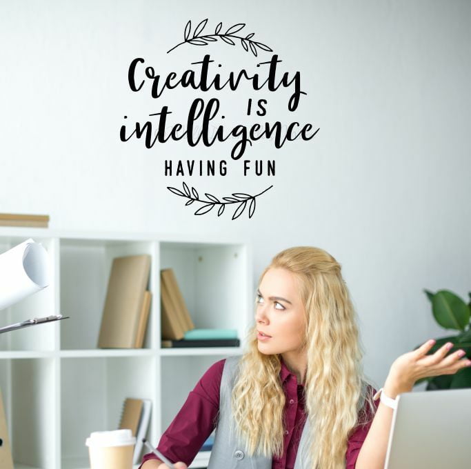 Craft Room Wall Decals Creativity Intelligence Having Fun - Craft Room Wall Art Vinyl Sticker Quote - Gift for Quilters Seamstresses Tailors 18x18- Inch Black