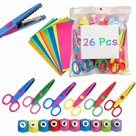 Craft Scissors & Hole Punch Set, 26-Piece Kit with Decorative Edge Scissors, 10 Shape Punches, Paper