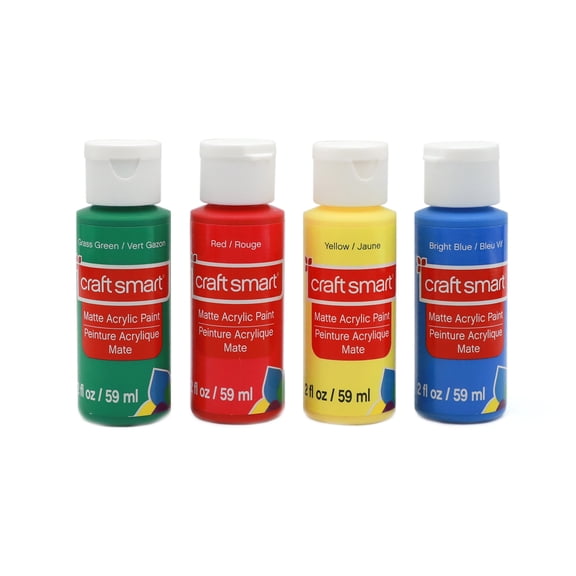 Craft Smart Primary Acrylic Paint, All-Purpose Intermixable Matte Finish, Red/Yellow/Blue/Green, 2 fl. oz., 24 Packs (96 Total Bottles)