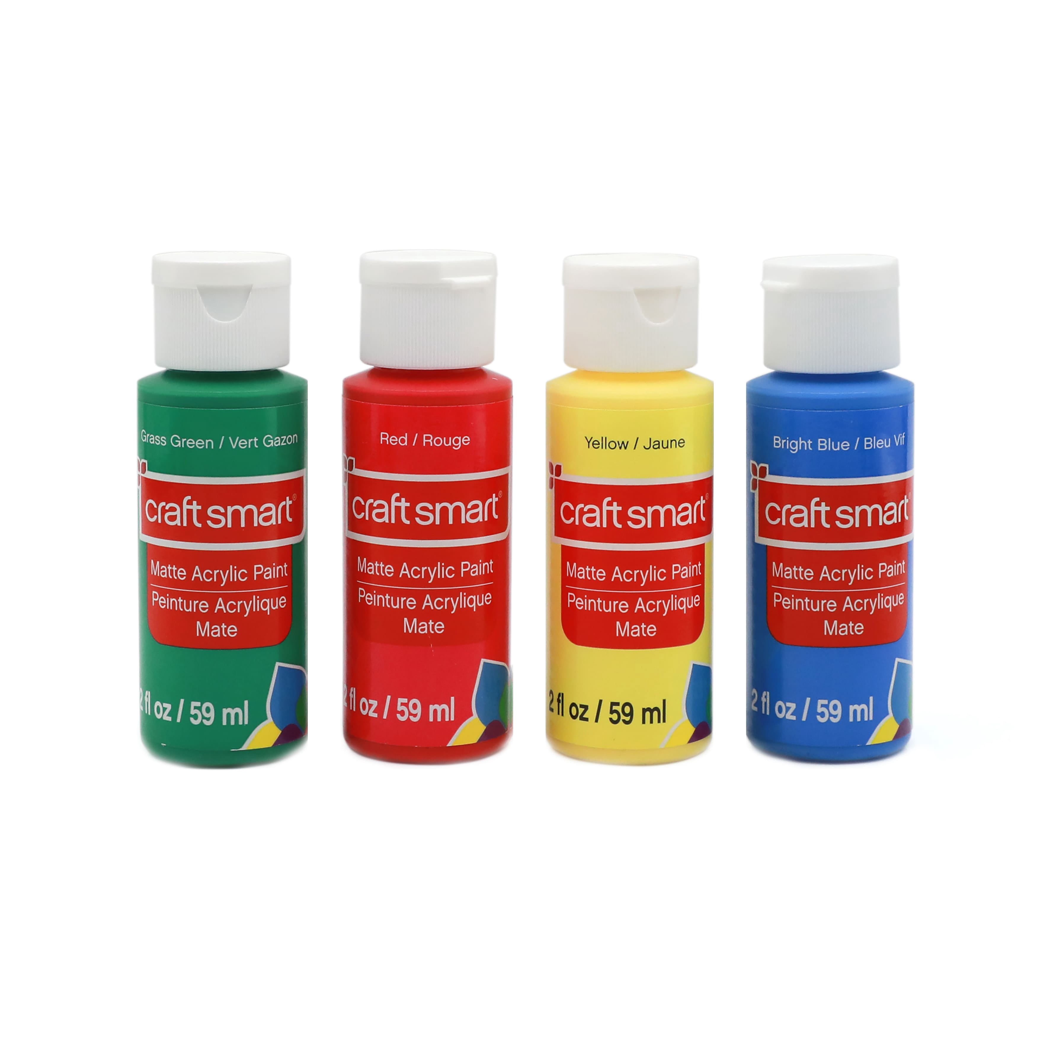 Craft Smart Primary Acrylic Paint, All-Purpose Intermixable Matte Finish, Red/Yellow/Blue/Green, 2 fl. oz., 24 Packs (96 Total Bottles)