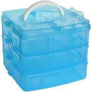 Craft Storage Box with Compartments, 3-Tier 18 Sections Transparent Stackable Plastic Box Organiser with Handle,Adjustable Compartment Slots Practical Sorting Box for Crafts,Sewing Accessories(Blue)