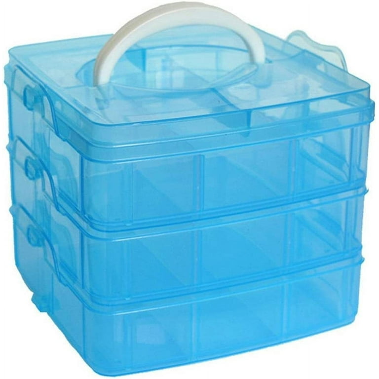 Craft Storage Box with Compartments, 3-Tier 18 Sections Transparent  Stackable Plastic Box Organiser with Handle,Adjustable Compartment Slots  Practical Sorting Box for Crafts,Sewing Accessories(Blue) 