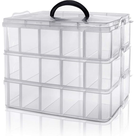 Craft Storage Box with Compartments, 3-Tier 30 Sections Transparent Stackable Plastic Box Organiser with Handle, Practical Sorting Box for Crafts, Toy,Jewelry, Sewing Accessories Or Kitchen,Clear
