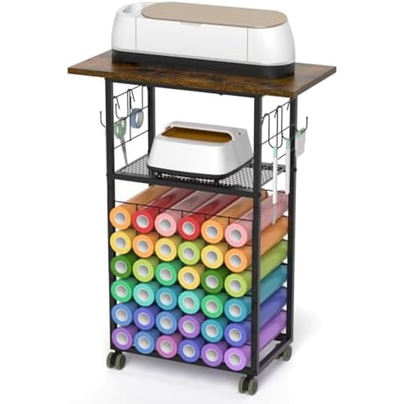 Craft Storage Cart with 36 Vinyl Organizer Craft Organizers and Storage Compatible with Cricut Machines, Wooden Crafting Table Workstation with Wheels for Craft, Brown$$Art & Craft