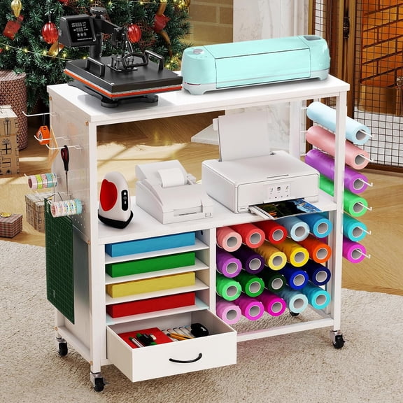 Craft Storage Cart Mobile Rolling Utility Workstation With Vinyl Roll Organizer Holder And Mesh Drawers For Crafting Tools Accessories Studio Office White