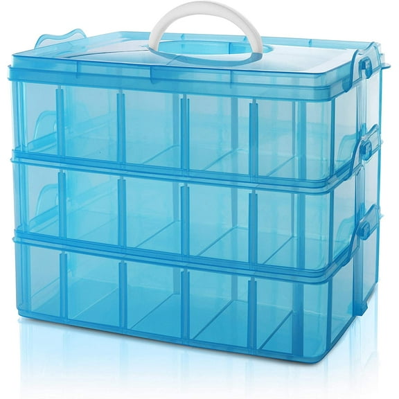 Craft Storage Organizer,Sewing Box,3-Tier Plastic Organizer Box with Dividers, Storage Containers with 30 Compartments(Adjustable) for Organizing Art Supplies, Fuse Beads, Jewelry,Tool,Kids Toy,Blue