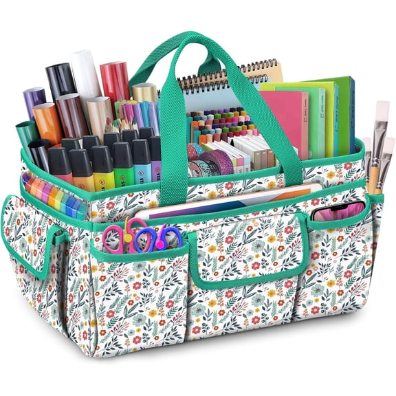 Craft Storage Tote Bag with Multiple Pockets, Scrapbooking Carrying Case Storage Caddy with Handle for Sewing, Art, Desktop, Baby Care Supplies (Spring Bloom)
