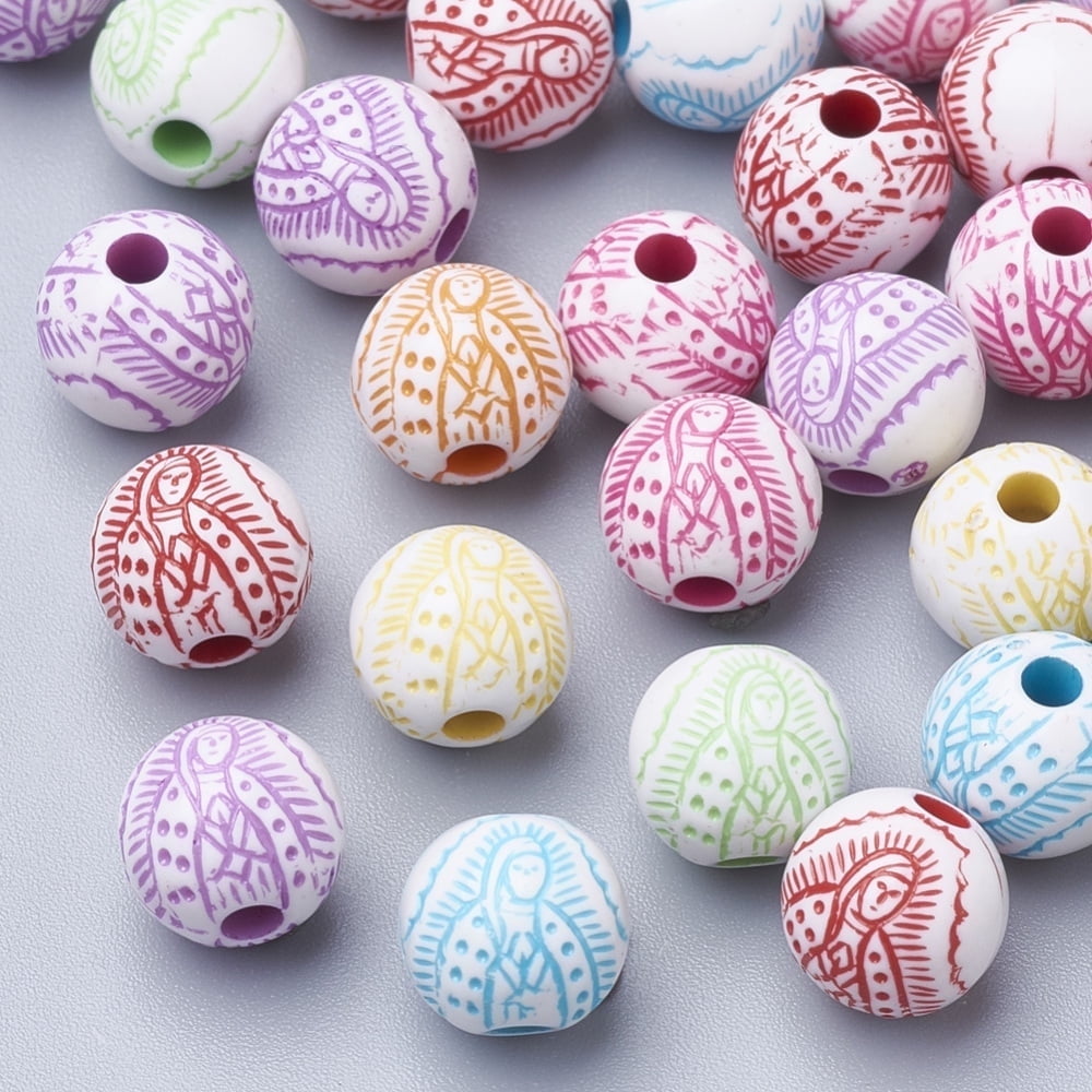 Craft Style Acrylic Beads Round with Virgin Mary Mixed Color 8x7.5mm Hole: 2mm about 1800pcs/500g