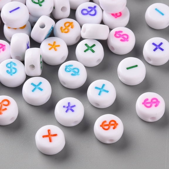 Craft Style White Mixed Color Acrylic Symbol Beads Flat Round with Mixed Plus Sign Minus Sign Asterisk Sign 7x3.5mm Hole: 1.5mm 454pcs/50g.