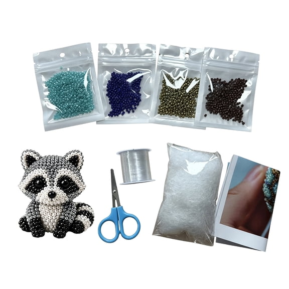 Craft Supplies & Materials for Creative Projects, Tiny Beads for Jewelry Making, Beading Supplies, Polyfill Stuffing, Gray Raccoon Animal Bead Art Kit with 4.5X3.5 Inch Final