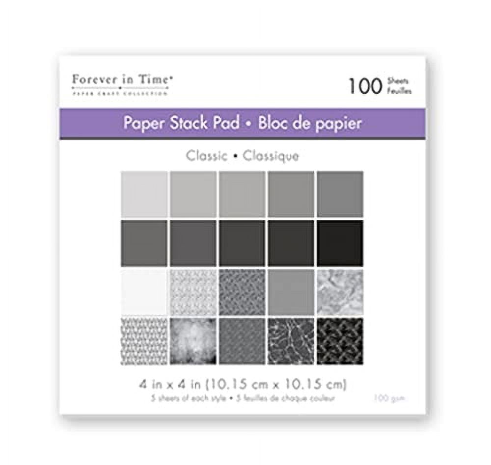 Craft Supply MiniScrapbook Paper Stack Pad - 100 Sheets - 4 x 4 Inches - Classic Black, Gray Silver