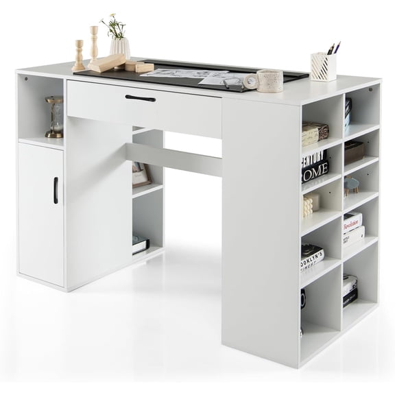 Craft Table with Storage, Artwork Sewing Table 14 Large & Small Storage Compartments, 1 Sliding Drawer, 1 Cabinet with 2 Shelves, 36'' Counter Height Drafting Writing Sewing Station Desk