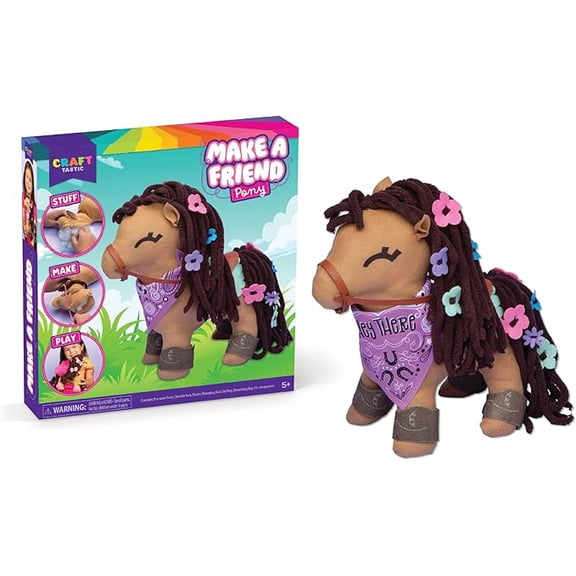 Craft- Tastic - Make a Friend Pony - Mini Sewing Kit, Arts and Crafts, Kids Crafts, Art Supplies, Craft Kit Makes 1 Easy-to-Sew Stuffie with Clothes & Accessories, Bonus Travel Tote Included Ages 5+