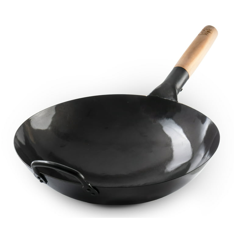 14-inch Pre-Seasoned Black Carbon Steel Wok with Round Bottom