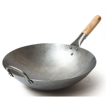 Craft Wok Traditional Hand Hammered Carbon Steel Pow Wok with Wooden and Steel Helper Handle (14 Inch, Round Bottom) / 731W88
