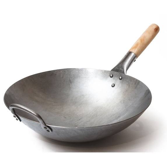 Craft Wok Traditional Hand Hammered Carbon Steel Pow Wok with Wooden and Steel Helper Handle (14 Inch, Round Bottom) / 731W88
