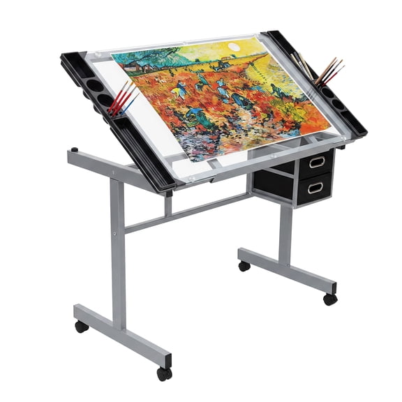 Craft and Drawing Station with 4 Rolling Wheels and 2 Drawers,0-65 Adjustable Glass Drawing Table for Home Office