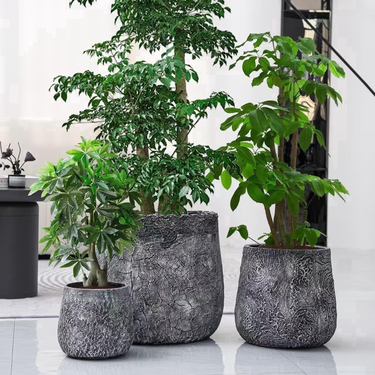 Craft flowerpots 18"+13"+19" Dia Round Concrete Planter Set of 3 Large Outdoor/Indoor Planter Pots Containers with Drainage Holes and Rubber Plug for Home Garden (Dark Gray, Large)