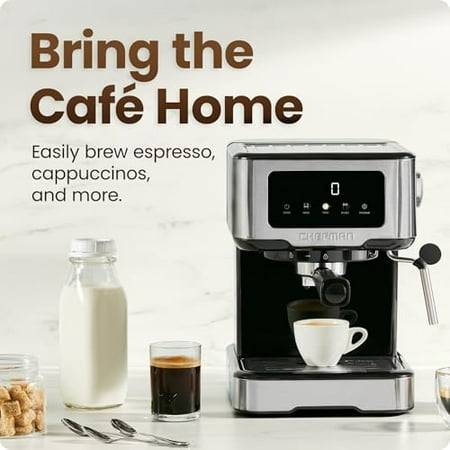 CraftBrew Espresso Machine, 15 Bar Pump Digital Coffee Maker with Steam Rod for Lattes and Cappuccino, Compact with 1.8L Removable Water Tank - Stainless Steel
