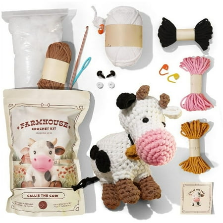 CraftBud Beginner Crochet Kit with Accessories, Amigurumi Stuffed Animal Kit with Step-by-Step Video Tutorials, Arts & Crafts for Kids and Adults, Callie The Cow