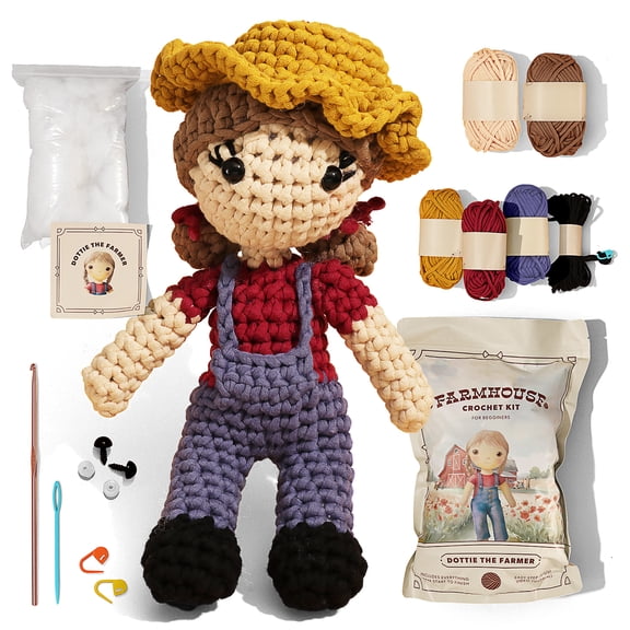 CraftBud Beginner Crochet Kit, Amigurumi Stuffed Animal Kit with Step-by-Step Video Tutorials, Arts & Crafts for Kids and Adults, Dottie The Farmer