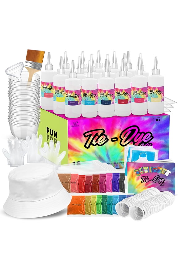 DIY Tie Dye Kit for Kids, Adults, Large Groups - 18 Colors - Includes 1 Bucket Hat, 18 Bottles, 120 Rubber Bands, 1 Guide Book