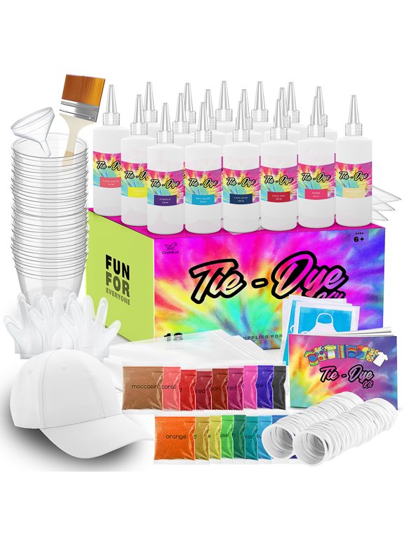 DIY Tie Dye Kit for Kids, Adults, Large Groups - 18 Colors - Includes 1 Cap, 18 Bottles, 120 Rubber Bands, 1 Funnel, 1 Guide Book