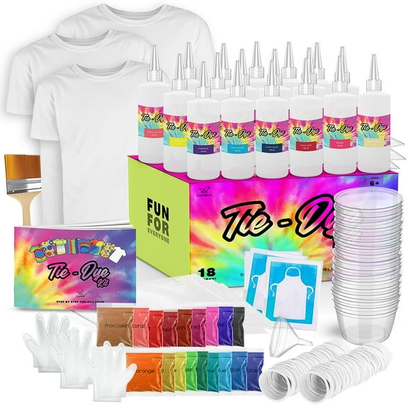 CraftBud DIY Tie Dye Kit for Kids, Adults, Large Groups - Includes 3 Unisex Adult T-shirts – Small, Medium, & Large, 18 Colors, Guide Book