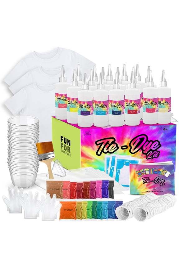 DIY Tie Dye Kit for Kids, Adults, Large Groups - Includes 3 Unisex Kid T-shirts – Small, Medium, & Large, 18 Colors, Guide Book