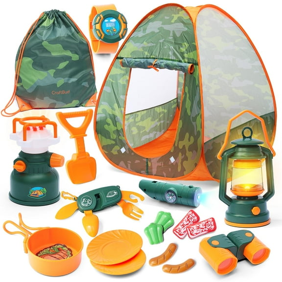 CraftBud Kids Camping Set with Tent - Pop Up Tent, Kids Play Tent Outdoor Toys Camping Tools Set Gift for Girls Age 3 4 5 6 Year Old Birthday Christmas