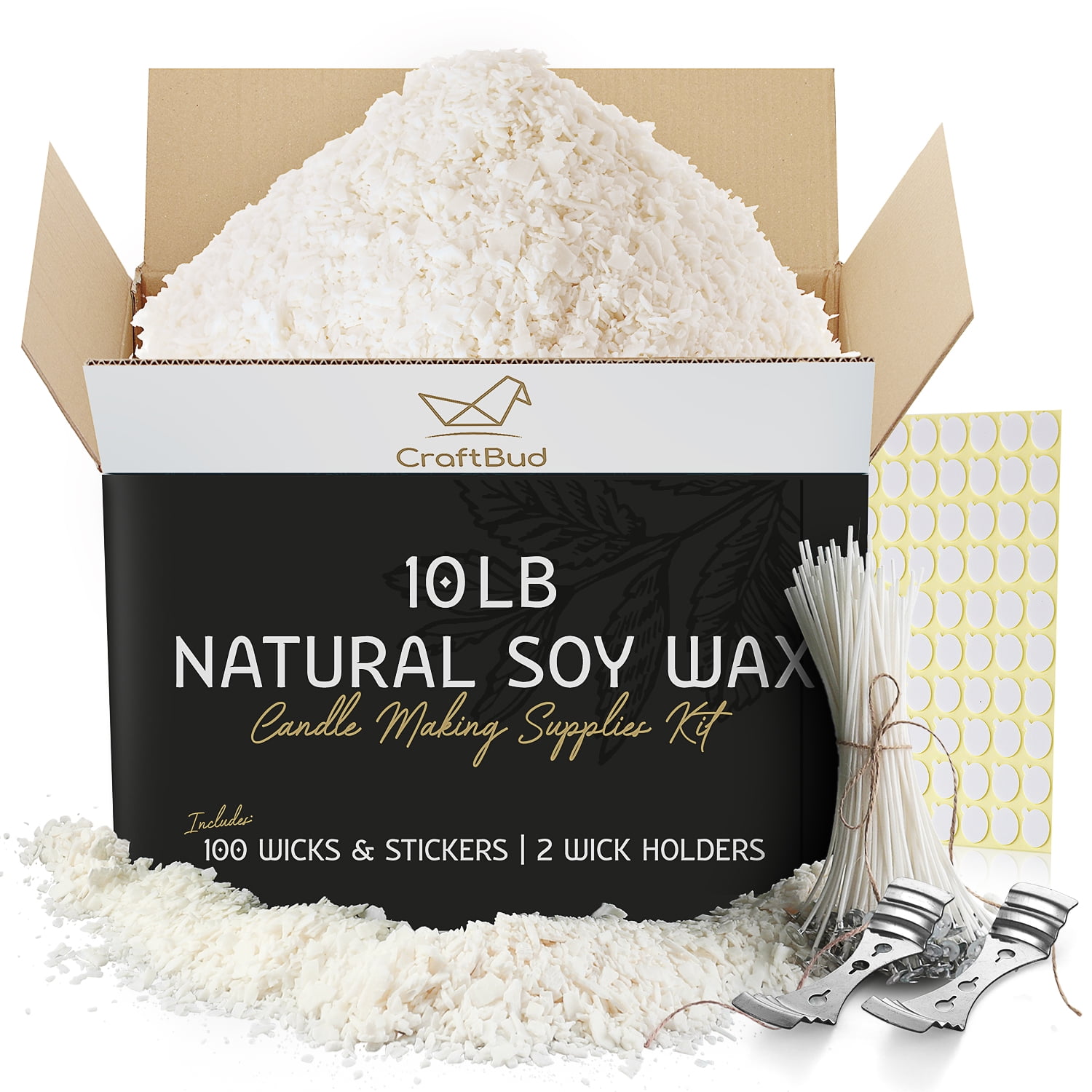 10 lbs Natural Soy Wax Flakes, 100 Cotton Wicks, 2 Metal Centering Devices and 100 Glue Dots for Candle Making