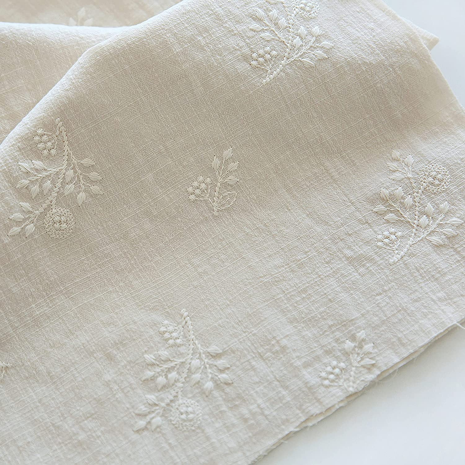CraftDesignL Floral Cotton Embroidered Fabric - Japanese, Quilting, Designer Fabric by Yard - Linen Cotton (Beige)