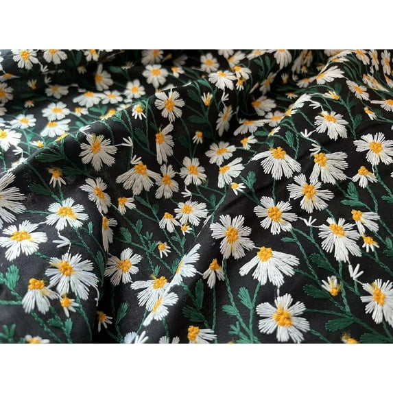 CraftDesignL Linen Daisy Embroiderd Cotton Fabric,Floral Embroidered Fabric,Daisy Fabric,Embroidered Fabric,Dress Fabric,Designer Fabric,Fabric by Yard (Black)