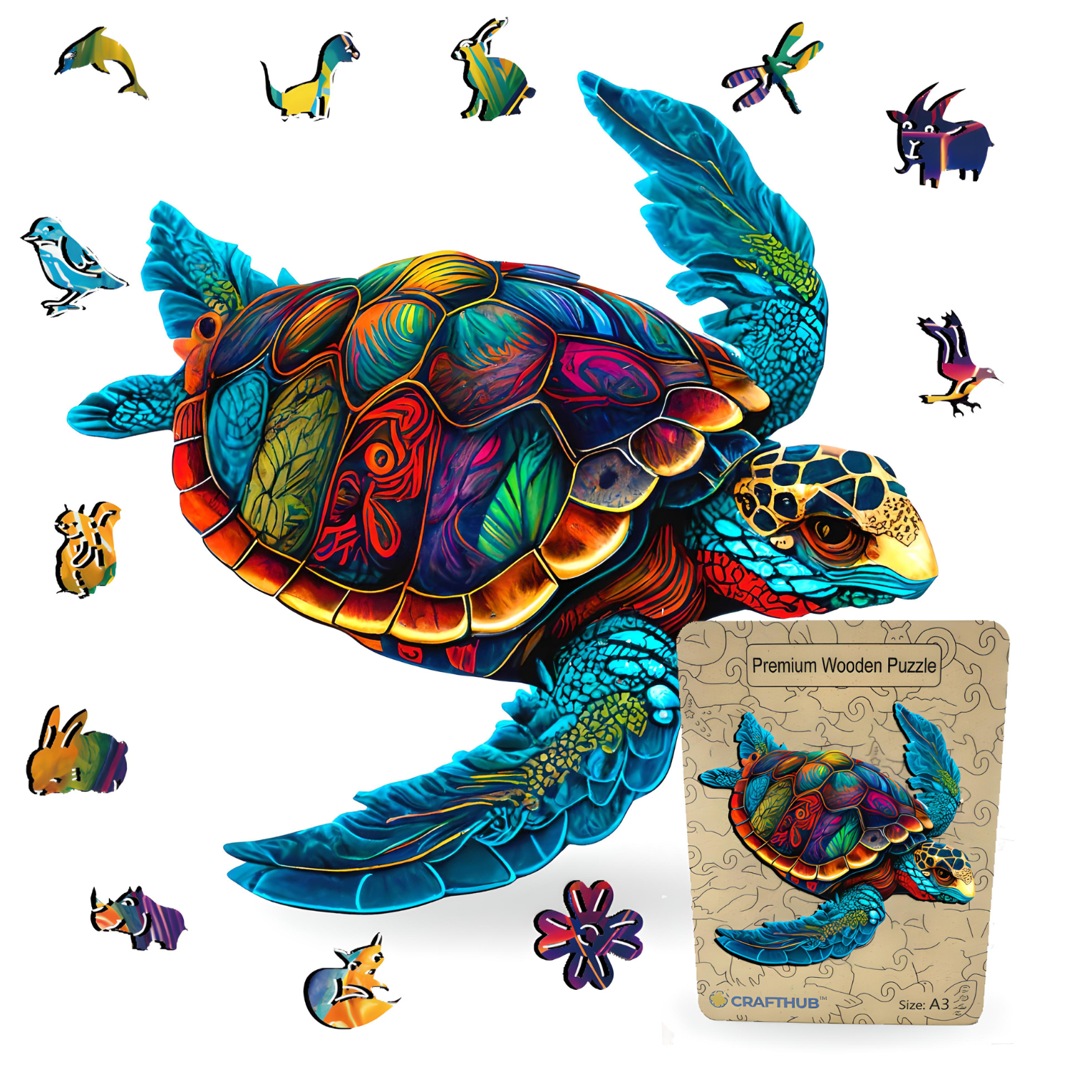 CRAFTHUB Wooden Jigsaw Puzzle Bundle | Hummingbird & Sea Turtle Art Puzzles For Adults, Large A3 Size