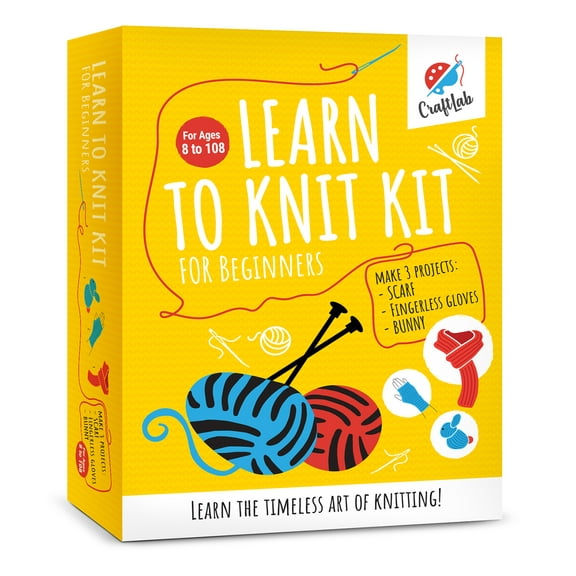CraftLab Knitting Kit for Beginners, Kids Adults Seniors Includes All Knitting Supplies: Wool Yarn, Knitting Needles, Yarn Needle and Instructions  Fantastic DIY Gift Learn to Knit Arts & Crafts Kit
