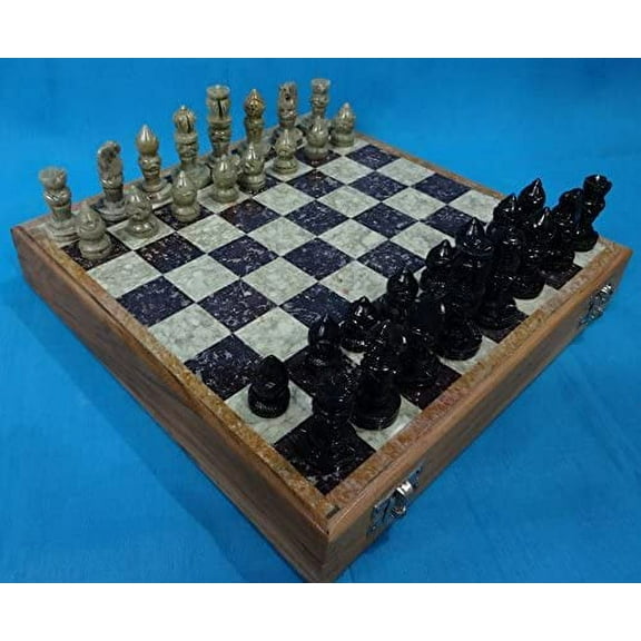 CraftLooks 16" inch Chess Board with Wooden Base & Stone Inlay Work & Stone Pieces Game Set ~ Marble Stone Art Unique Indian Handmade Gift Tournament Chess Piece Storage, Hand Carved Stone Inlaid