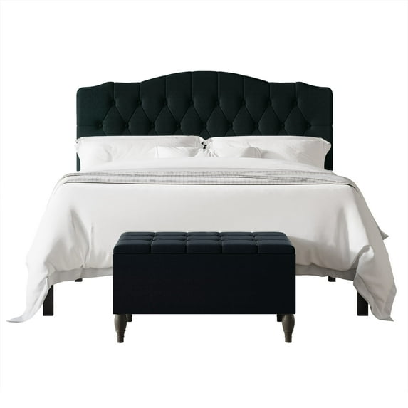 CraftPorch 2 Piece Bedroom Bench Set Transitional Button Tufted Bed Charcoal Grey - Queen