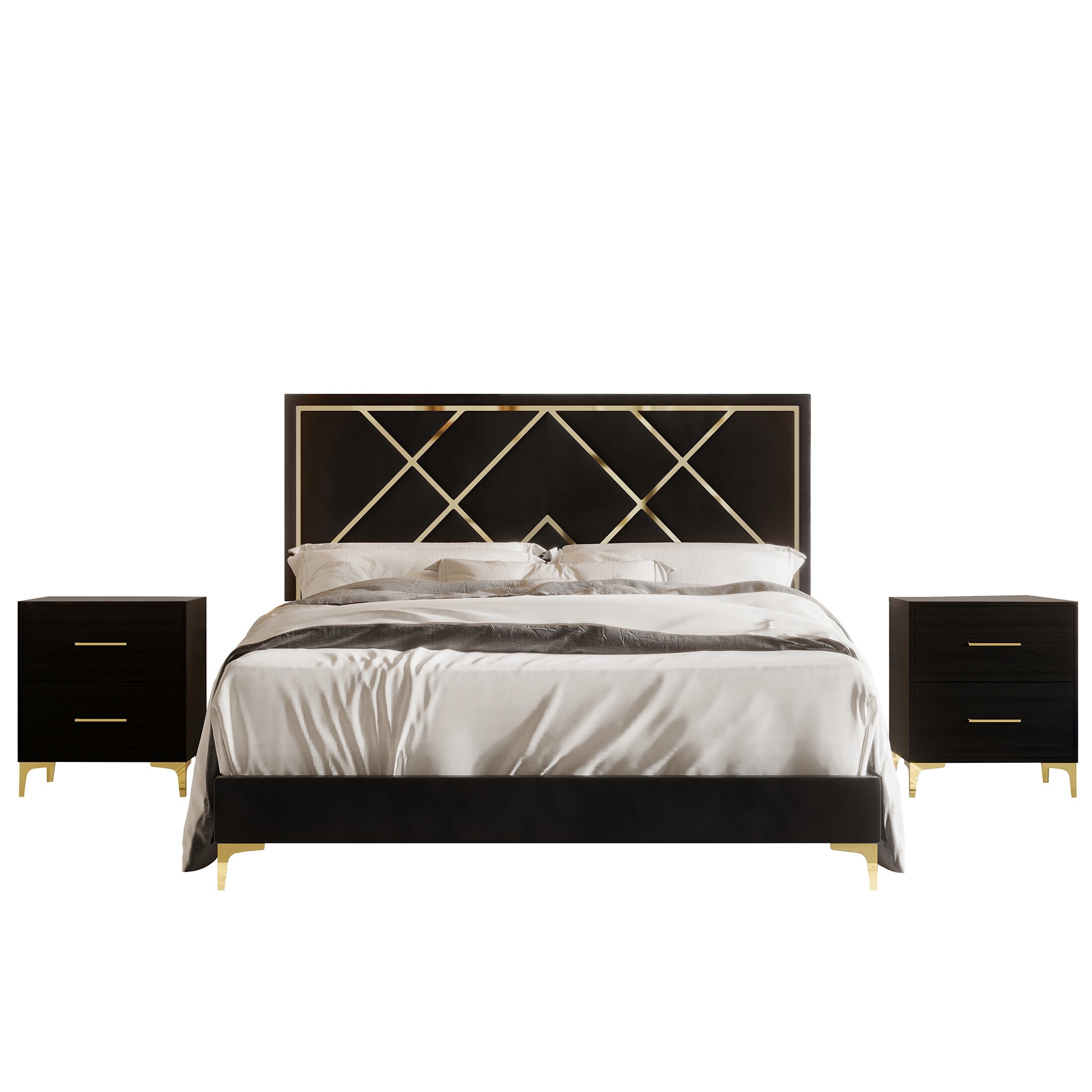 CraftPorch 3 Piece Bedroom Nightstands Set Velvet Upholstered Bed Black ...