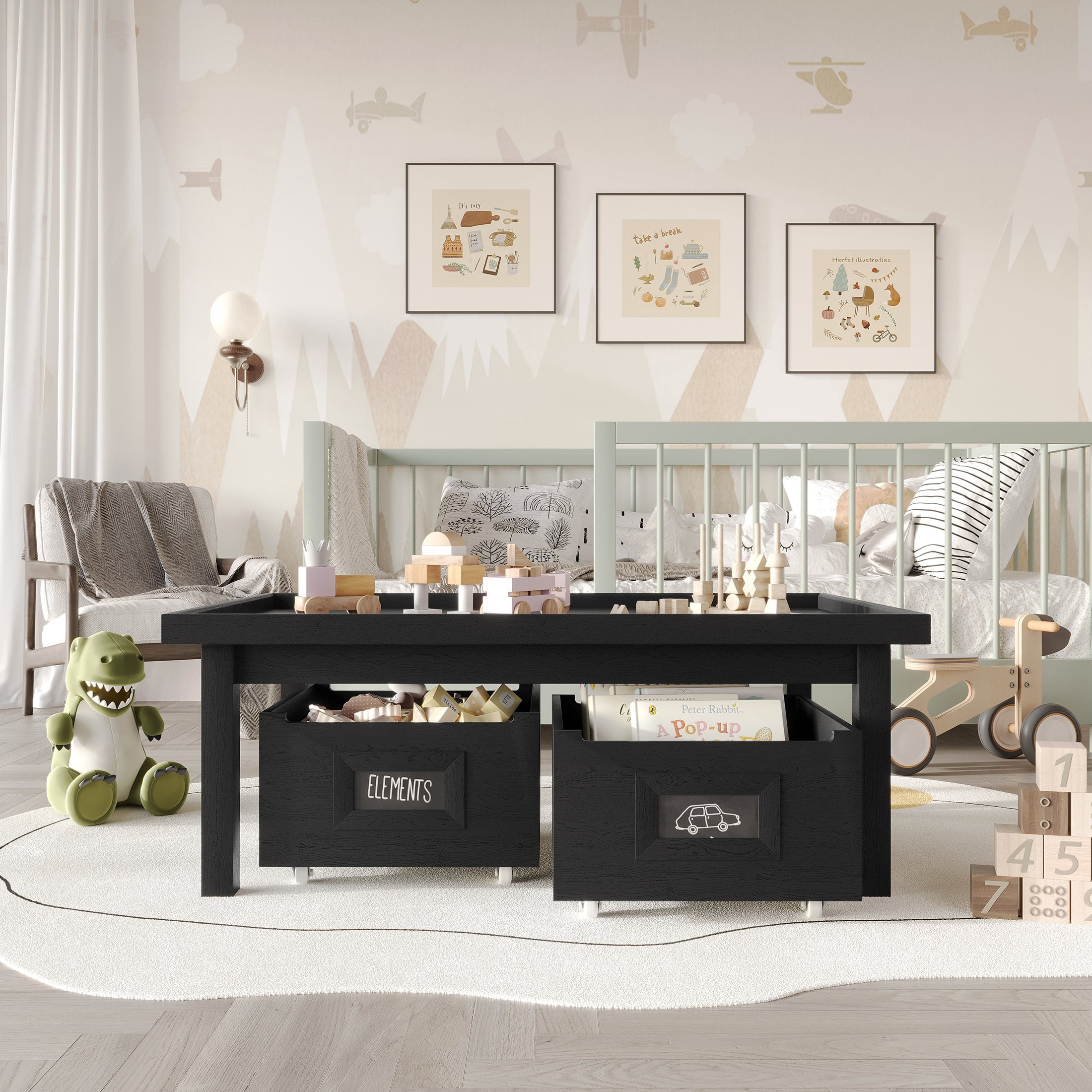 Castle Place Contemporary Kids Table with Drawers, Black