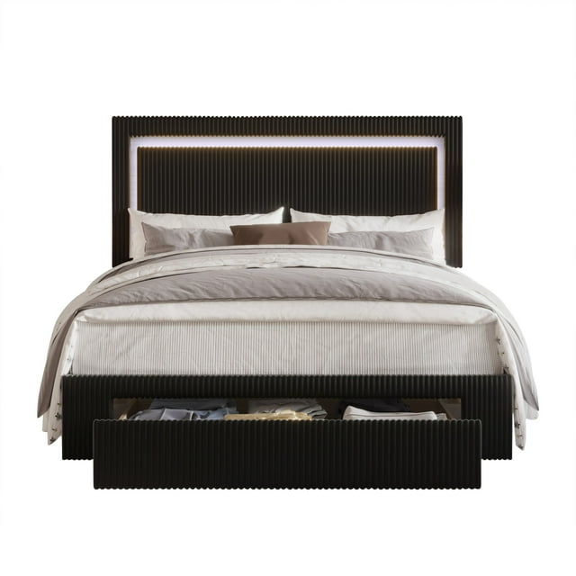 CraftPorch  Corduroy Velvet Tufted LED Light Platform Storage Bed Black Twin