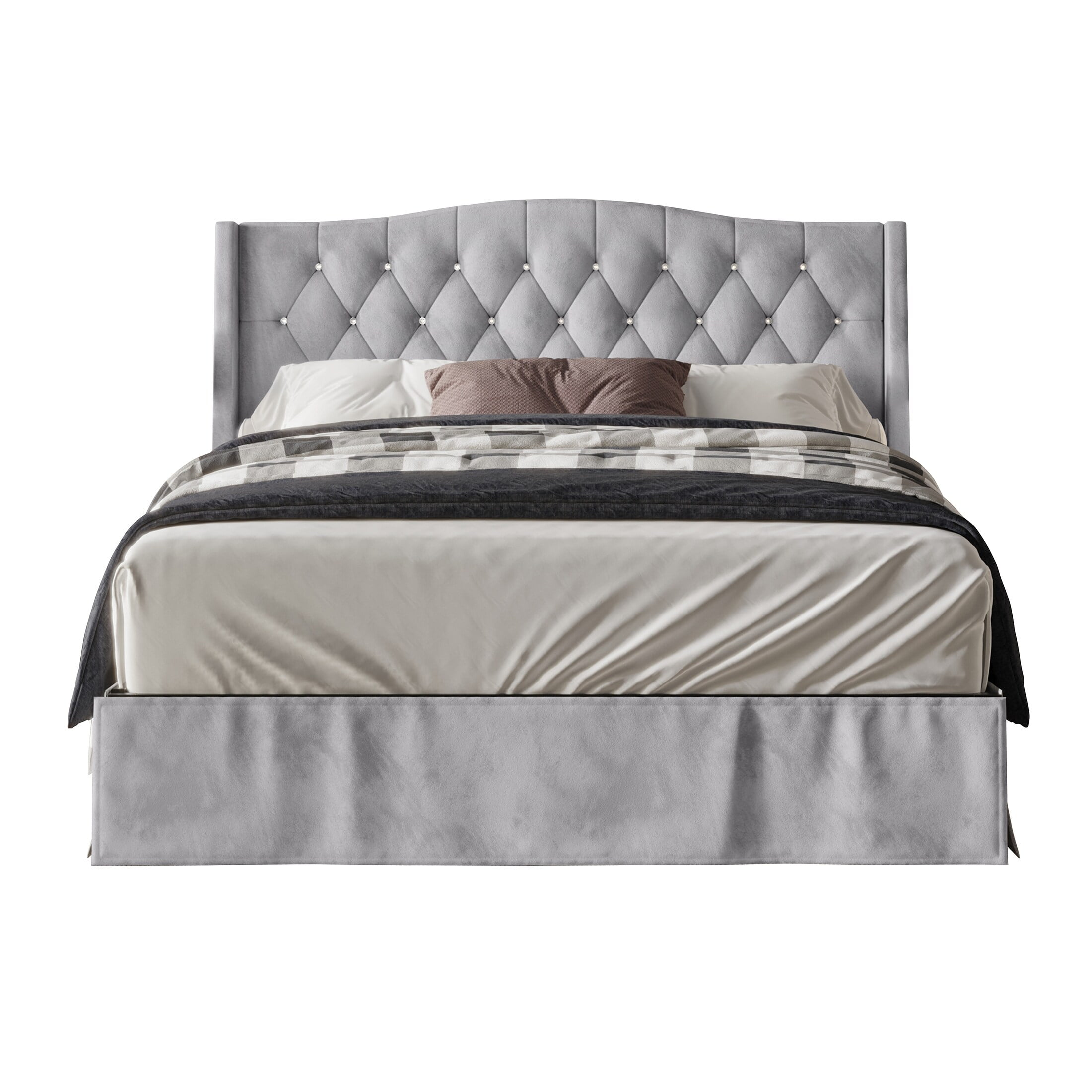 CraftPorch Glam Velvet Crystal Button Tufted Upholstered Platform Bed Light Grey Queen