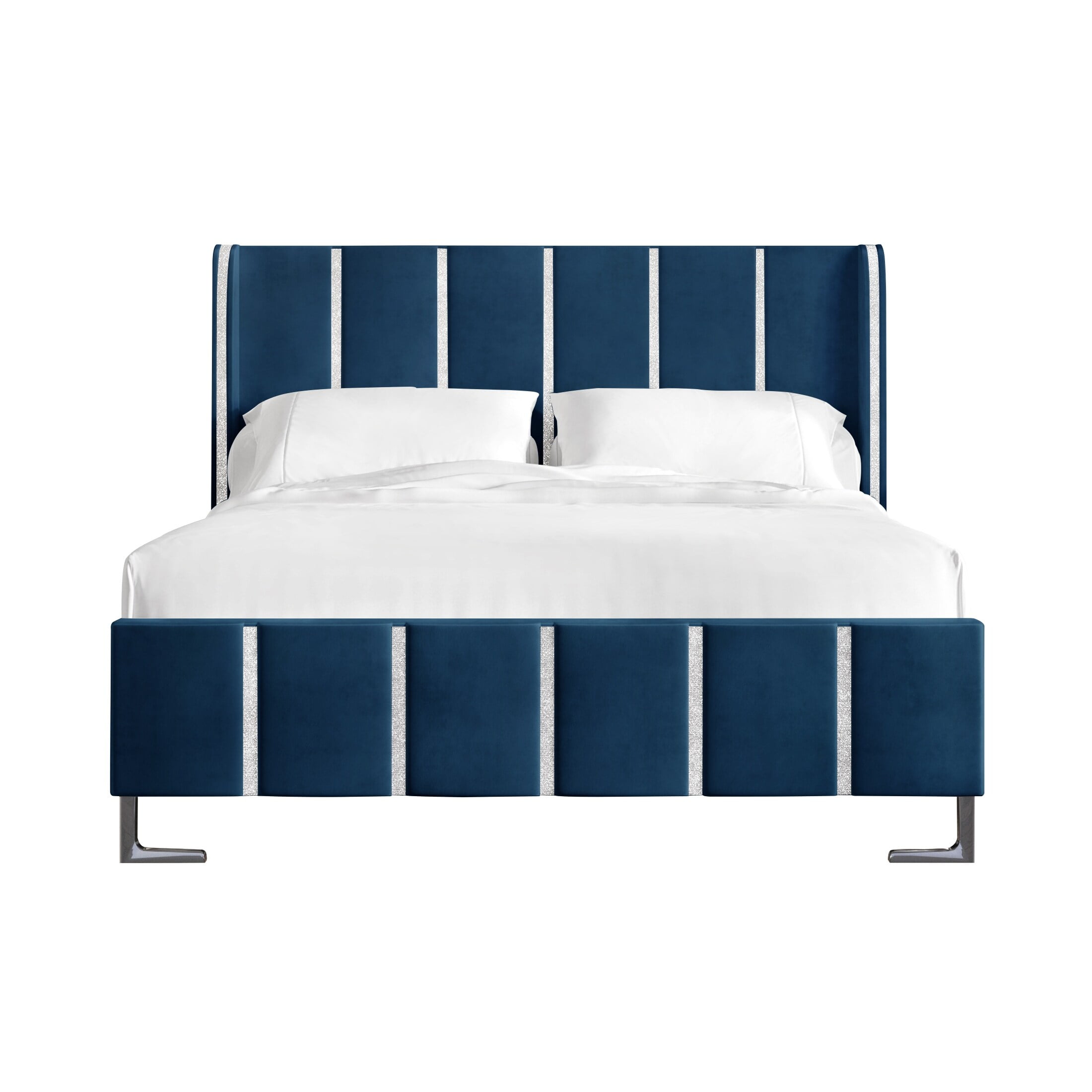 CraftPorch Luxurious Crystal Diamond Strip Velvet Upholstered Bed Navy