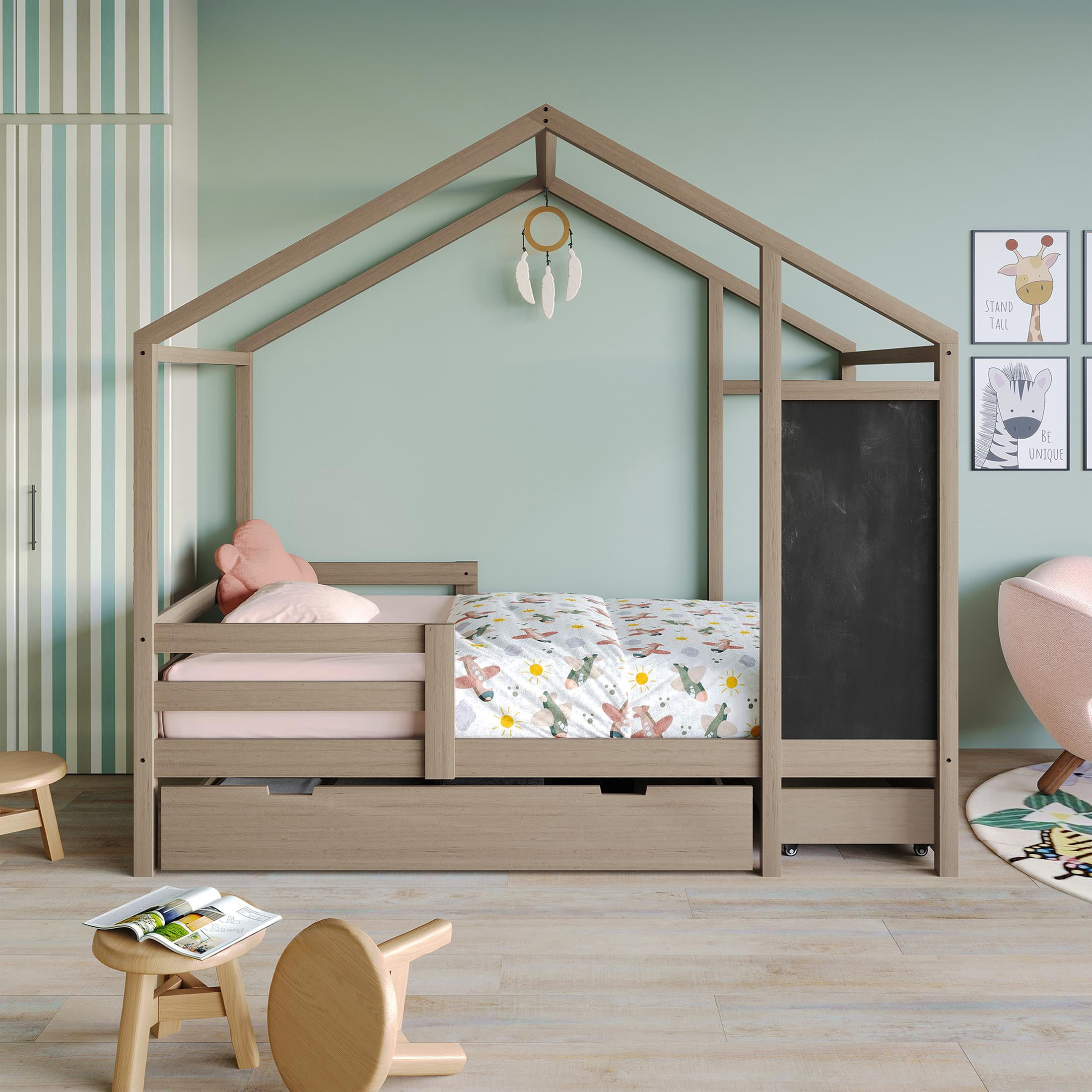 Castle Place Mid-Century Wooden Canopy Bed, Antique Grey