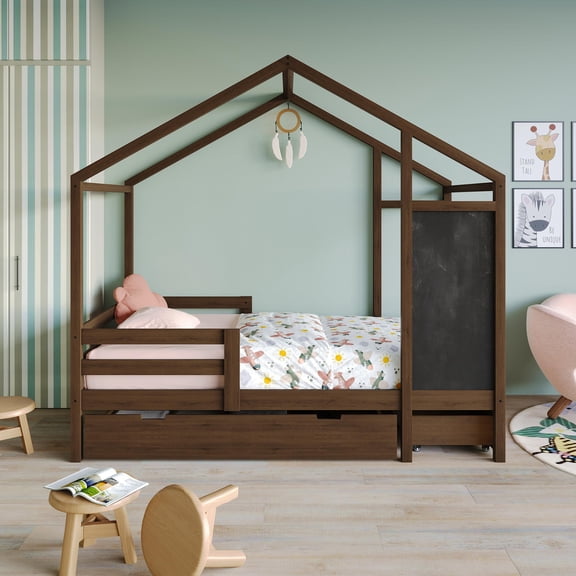 Castle Place Mid-Century Wooden Canopy Bed, Walnut